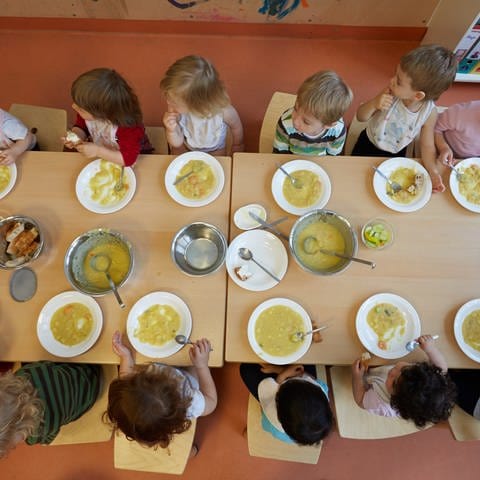 Krippen-Kinder einer Kita essen Kartoffelsuppe zu Mittag. (Foto: dpa Bildfunk, picture alliance / dpa | Georg Wendt)