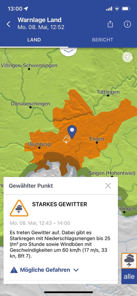 Die WarnWetter-App des Deutschen Wetterdienstes (DWD) zeigt für den 8. Mai 2023 eine Gewitterwarnung im Gebiet zwischen Blumberg und Engen im südlichen Baden-Württemberg an (Foto: SWR, Candy Sauer)