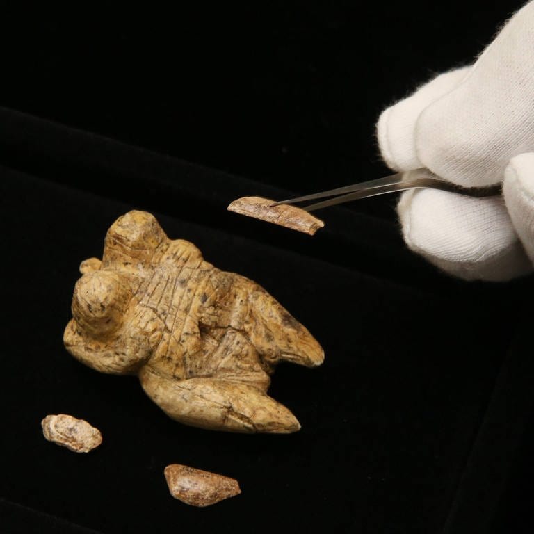 Elfenbeinfragmente Teile einer Venusfigur 34000 Jahre alt und »Venus vom Hohle Fels« (Foto: IMAGO, IMAGO / Steffen Schellhorn)