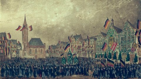Römerberg im Fahnenschmuck 1848: "Feier zur Eroeffnung der Nationalversammlung" am 18. Mai 1848 (Stahlstich, koloriert, von Carl Juegel (1783 - 1869))