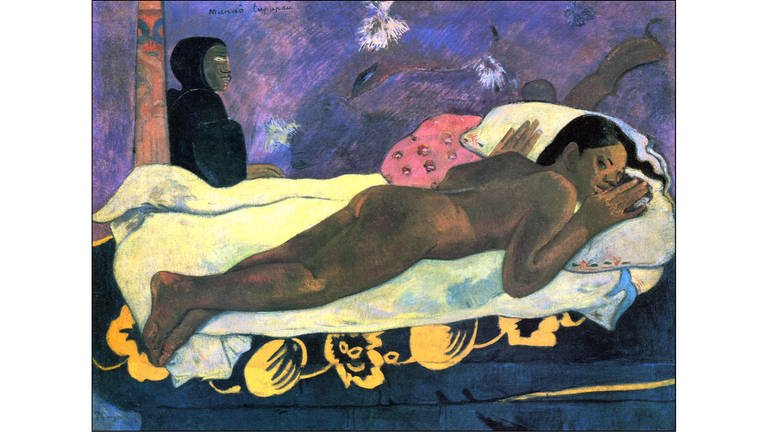 "Manao tupapau" – "Der Geist der Toten hält Wache", 1892: Auf dem Bett mit weißem Laken liegt die nackte 13-jährige Teha'amana auf dem Bauch. Sie hält die Hand vors Gesicht. Tupapaú – Geister und gehörnte Gestalten – nähern sich von hinten. – Ein sexuell dargebotenes Kind, das der 43-jährige Gauguin sich zur Partnerin genommen hat. Das Mädchen als exotisches Objekt, das den Wünschen westlicher Künstler entspricht. Stereotype über Tahitianerinnen als passiv, willig und abergläubisch.
