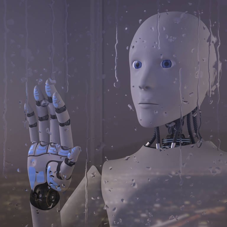 Ein Roboter steht an einem verregneten Fenster