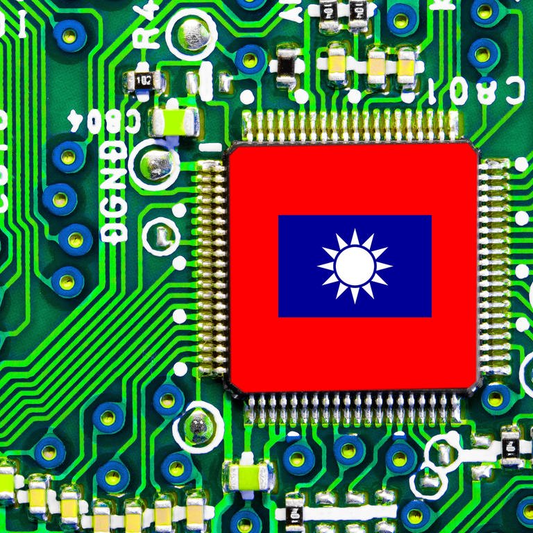 Die Taiwanesische Nationalflagge auf einem PC-Mikrochip: Hochleistungs-Elektronik ist auf Highend-Mikrochips angewiesen. Die fingernagelkleinen Schaltkreise mit Milliarden Transistoren werden in den USA entwickelt, in Taiwan gebaut und die Volksrepublik China will sie nutzen. 