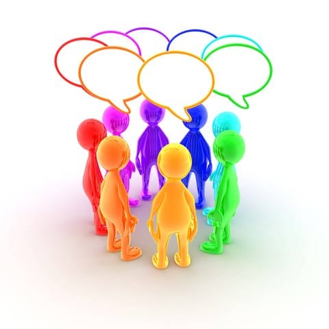 Darstellung einer sprechenden Gruppe, mit Sprechblasen (Foto: IMAGO, IMAGO / Design Pics)