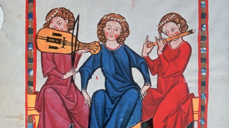 Miniatur "Der Kanzler" aus dem Codex Manesse, auch Heidelberger Liederhandschrift genannt. Der Grundstock des Codex wurde um 1300 in Zürich hergestellt. Zu sehen sind drei Personen – eine mit Streichinstrument, eine mit Flöte.