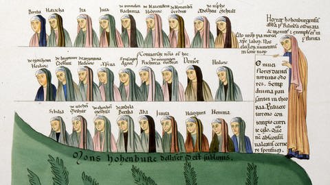 Selbstporträt von Herrade von Landsberg und weiterer Nonnen ihres Klosters - abgebildet im Hortus Deliciarum, der ersten nachweislich von einer Frau verfassten Enzyklopädie von 1180