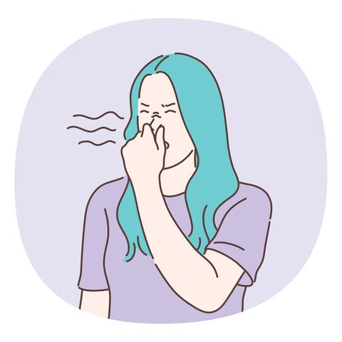 Symbolbild: Cartoon-Figur eines jungen Teenagers, die die Nase mit den Händen bedeckt und einen ekelhaften Geruch von etwas außerhalb der Vektorillustration riecht