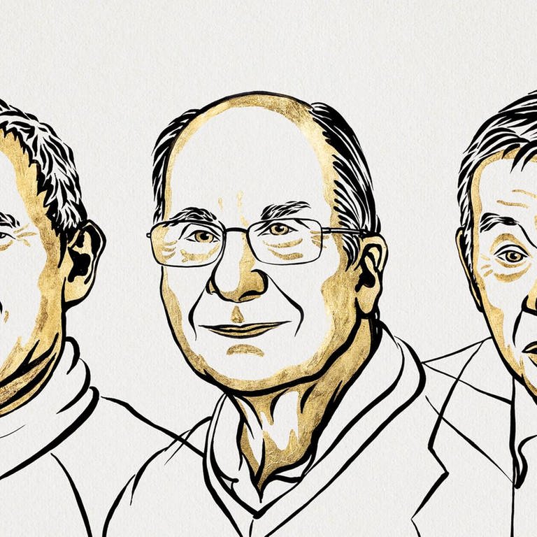 Eine Illustation zeigt die Nobelpreisträger Moungi Bawendi, Louis Brus und Alexei Ekimov (Foto: Niklas Elmehed © Nobel Prize Outreach )