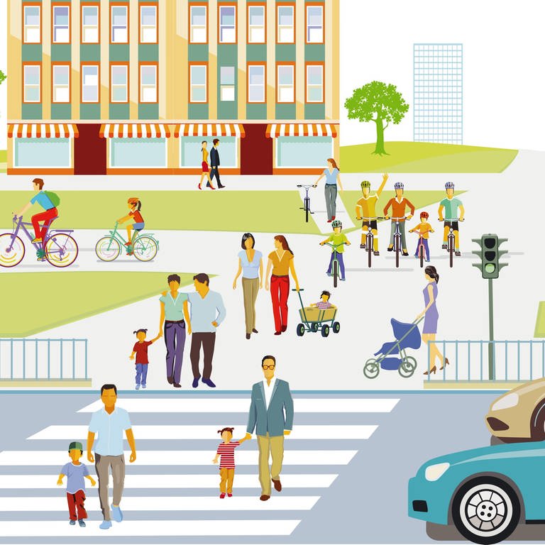 Stadtsilhouette einer Stadt mit Verkehr und Fußgängern (Illustration): Eine Reform des Straßenverkehrsgesetzes soll die Rechte der Gehenden stärken. Nicht alle befürworten das.