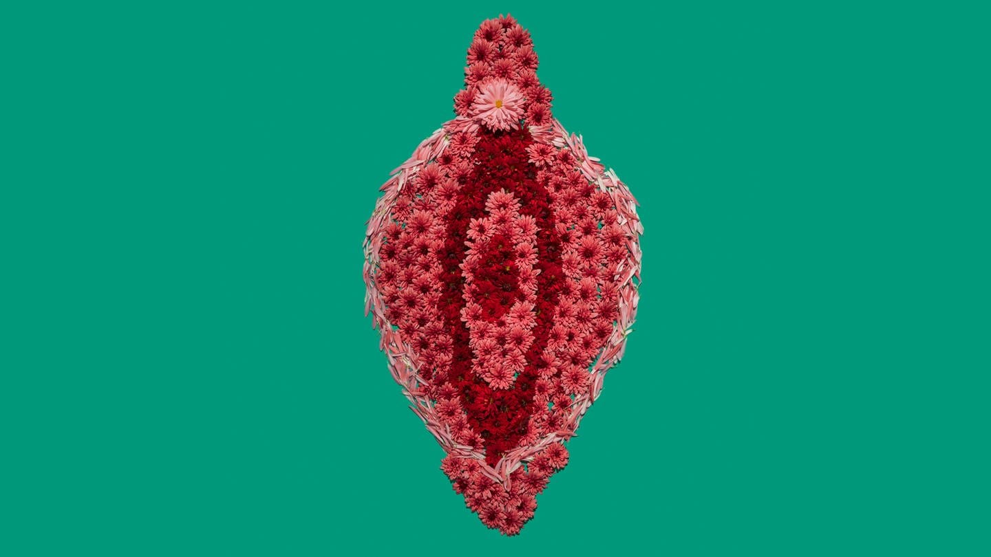Künstlerische Darstellung einer Vulva, gestaltet aus roten Blüten auf grünem Hintergrund: Das Jungfernhäutchen, auch Hymen genannt, soll beim ersten Sex reißen wie eine Folie. Ein Irrglaube, der sich hartnäckig hält. (Foto: IMAGO, IMAGO / Science Photo Library)