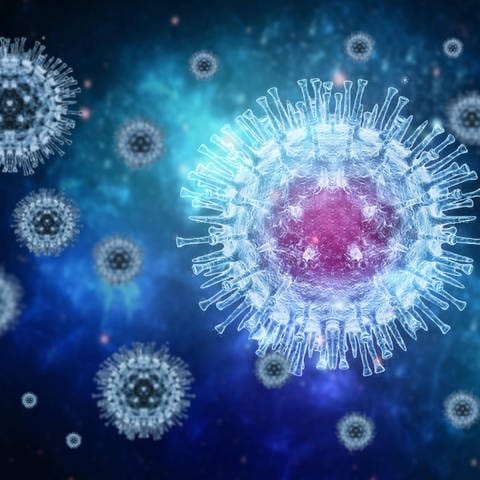 3D-Affenpocken-Virusmolekül auf blauem Hintergrund. (Foto: IMAGO, IMAGO / imagebroker)
