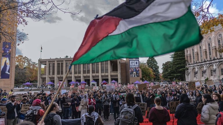 Eine Demonstration mit palästinensischer Flagge auf dem Roten Platz der University of Washington. 