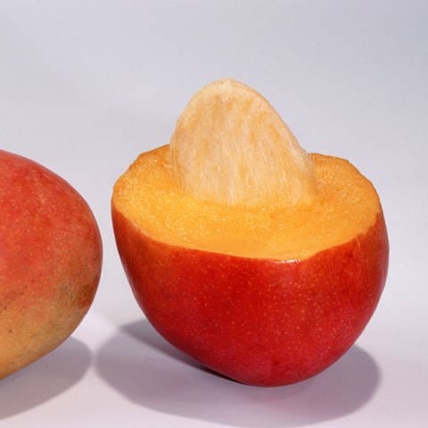 Eine ganze und halbe Mango-Frucht mit Kern. (Foto: picture-alliance / Reportdienste, picture alliance / WILDLIFE | WILDLIFE/D.Harms)