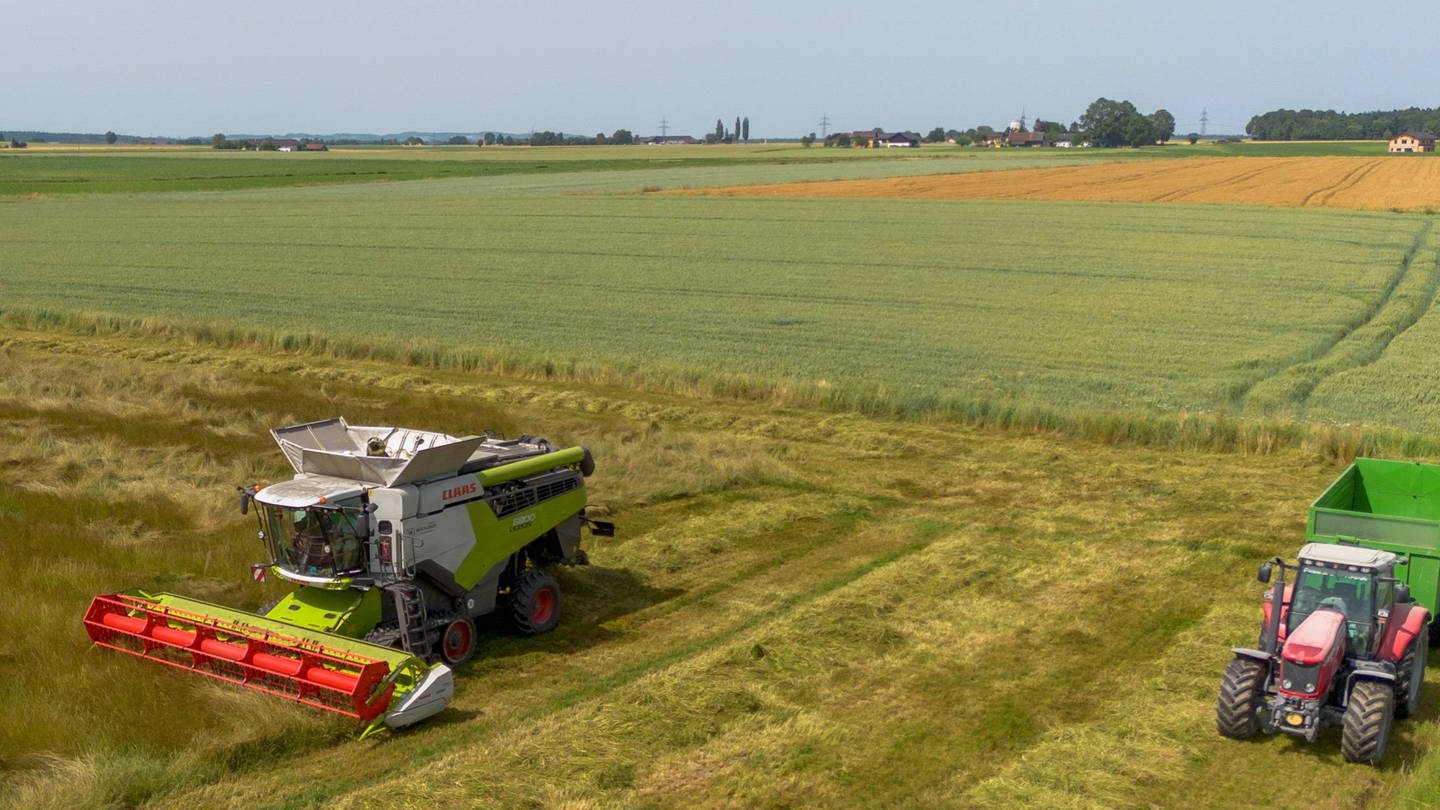 Mähdrescher und Traktor auf einem Feld (Foto: IMAGO, IMAGO / Daniel Scharinger)