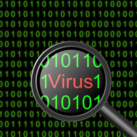 Illustration Binärcode - in roter Schrift das Wort "Virus"