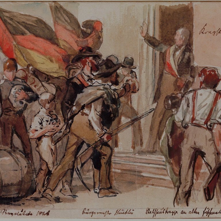 "Der Konstanzer Bürgermeister Karl Hüetlin beruhigt 1848 die Aufsändischen" (Zeichnung, aquarelliert, 1888, von Carl von Häberlin)