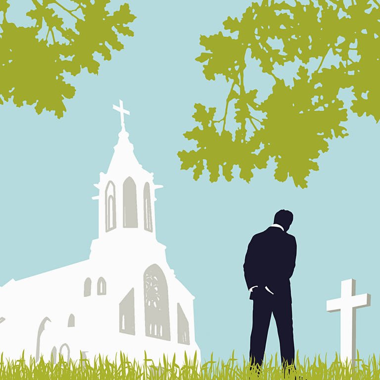 Grafische Darstellung: Mann besucht Friedhof (Foto: IMAGO, IMAGO / Ikon Images)