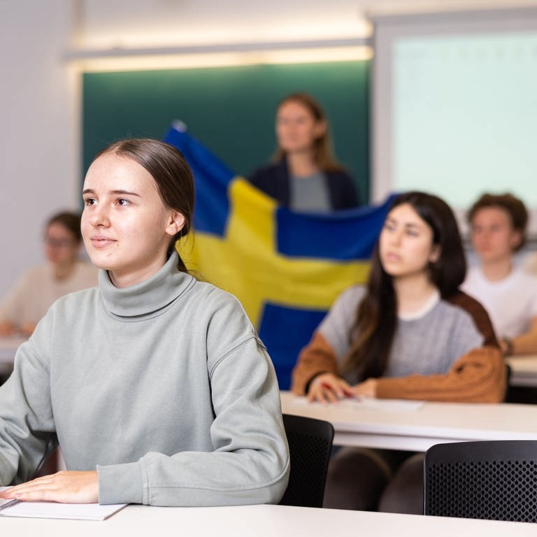 Junge Studentin hört sich aufmerksam eine Vorlesung in einem Klassenzimmer an