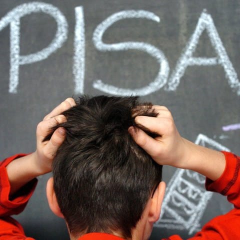 Ein von hinten stehender Schüler rauft sich die Haare, vor ihm das an die Tafel geschriebene Wort PISA.