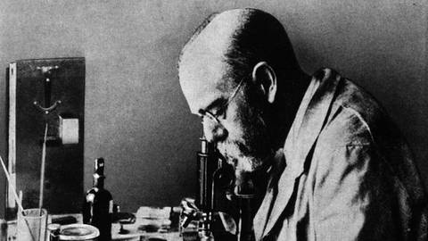 Robert Koch in seinem Labor (undatierte Aufnahme). 1905 erziehlt er den Medizinnobelpreis "für seine Untersuchungen und Entdeckungen auf dem Gebiet der Tuberkulose"