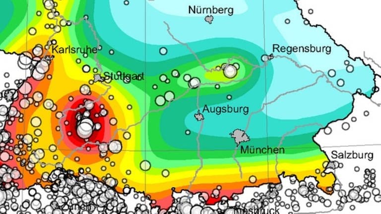 Erdbebenkarte von Süddeutschland. (Foto: G. Grünthal et al., Helmholtz-Zentrum Potsdam - Deutsches GeoForschungsZentrum GFZ)