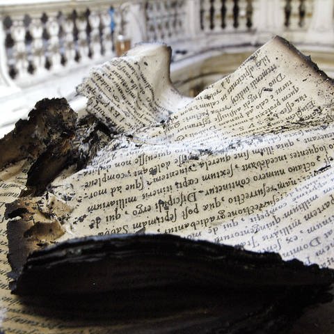 Vom Feuer zerstörte Schriften nach dem Brand in der Herzogin Anna Amalia Bibliothek zu Weimar (Foto: IMAGO, IMAGO / photo2000)