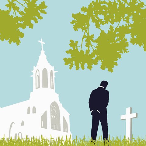 Symbolbild: Zeichnung: Mann steht auf einem Friedhof vor einem Grab (Kirche im Hintergrund) (Foto: IMAGO, IMAGO / Ikon Images)