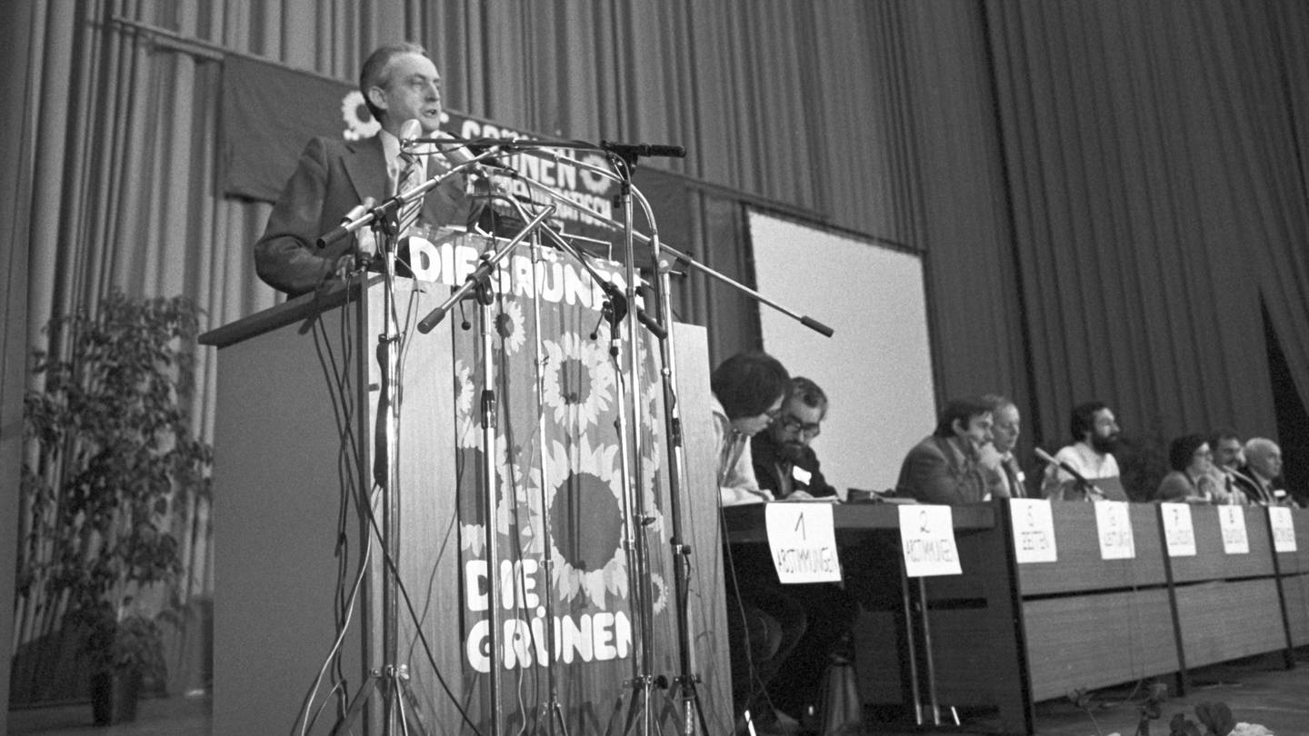 Herbert Gruhl am 12.1.1980 in Karlsruhe auf dem Gründungsparteitag der 
