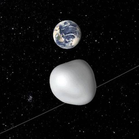 Animation der Nasa zeigt den  Asteroid 2012 TC4 (vorn), der am 12.10.2017 nahe an der Erde vorbeifliegt. (Foto: picture-alliance / dpa, picture-alliance / dpa - Foto: NASA/JPL-Caltech)