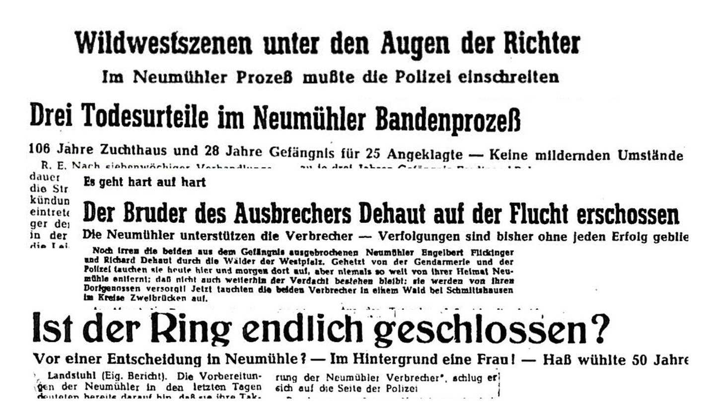 Schlagzeilen aus verschiedenen Zeitungen zum Neumühler Banden-Prozess 1949 (Foto: SWR, SWR)
