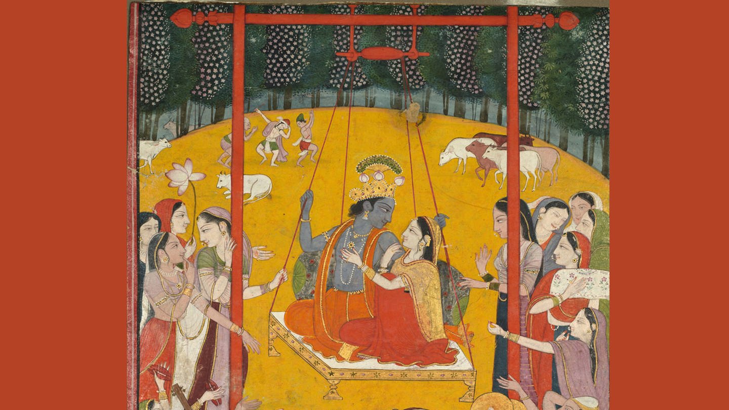 Hindola Raga, c. 1790 1800. Northern India, Himachal Pradesh, Pahari Kingdom of Kangra. Gum tempera and gold on paper; image: 20.5 x 15.3 cm (8 1/16 x 6 in.); with mat: 35.5 x 25.4 cm (14 x 10 in.). To celebrate the coming of spring, Krishna sits on a swing with his beloved Radha as their companions. (Foto: IMAGO, piemags)