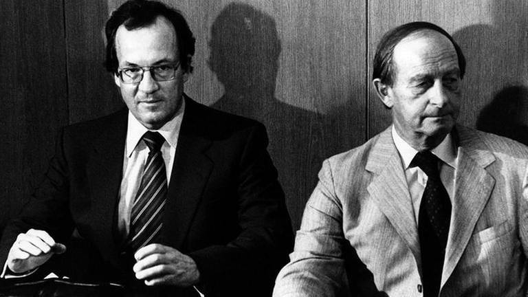 Stuttgarts Oberbürgermeister Manfred Rommel und der scheidende baden-württembergische Ministerpräsident Hans Filbinger am 16.8.1978
