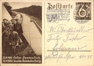 Hitler beim Autobahn-Spatenstich: Der erste Spatenstich 1933 als Postkarte bzw. Ganzsache (ca. 1935) (Foto: IMAGO, IMAGO / Arkivi)