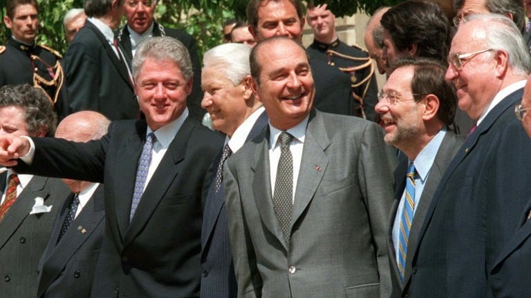 NATO-Generalsekretär Solana mit Bill Clinton, Boris Jelzin, Jaques Chirac und Helmut Kohl beim Nato-Russland-Gipfel am 27. Mai 1997