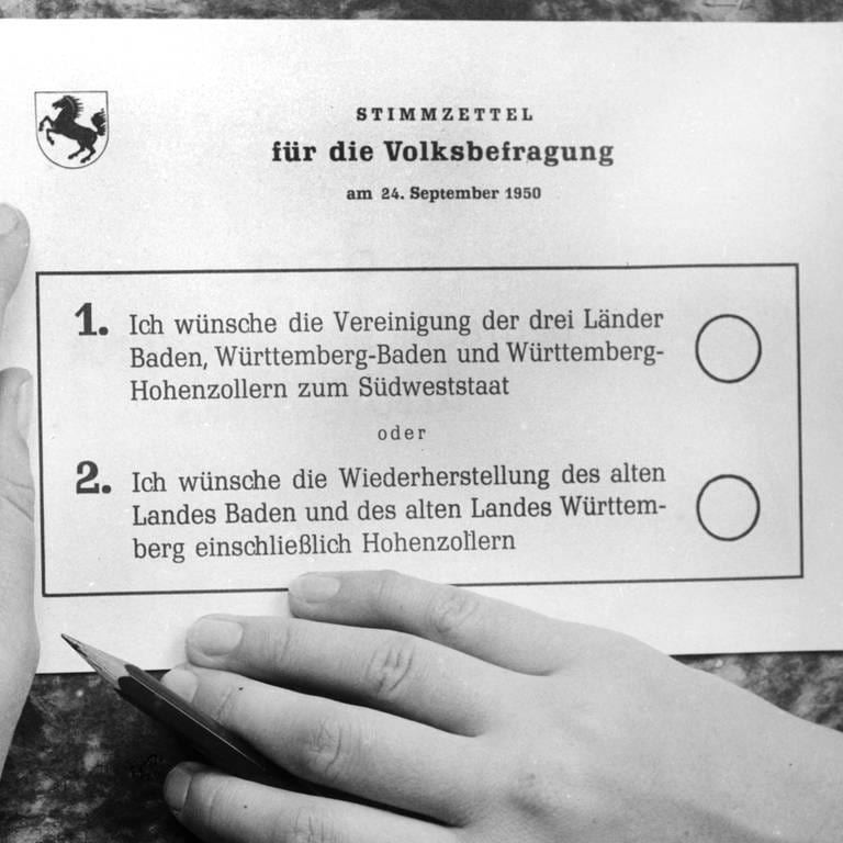 Stimmzettel für die Volksbegfragung am 24. September 1950 zur Entstehung des neuen Südweststaats