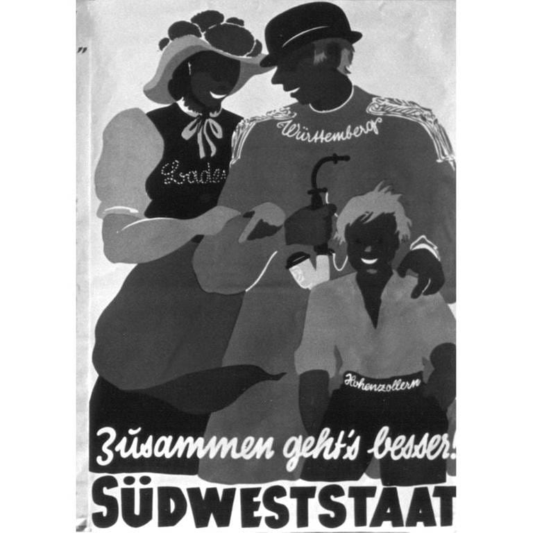 Plakat aus dem Jahr 1950 für die Abstimmung über die Fusion von Württemberg-Baden, Württemberg-Hohenzollern und Baden zu einem Südweststaat wirbt mit dem Slogan "Zusammen geht's besser". Die drei Länder wurden 1952 zum Bundesland Baden-Württemberg vereinigt.