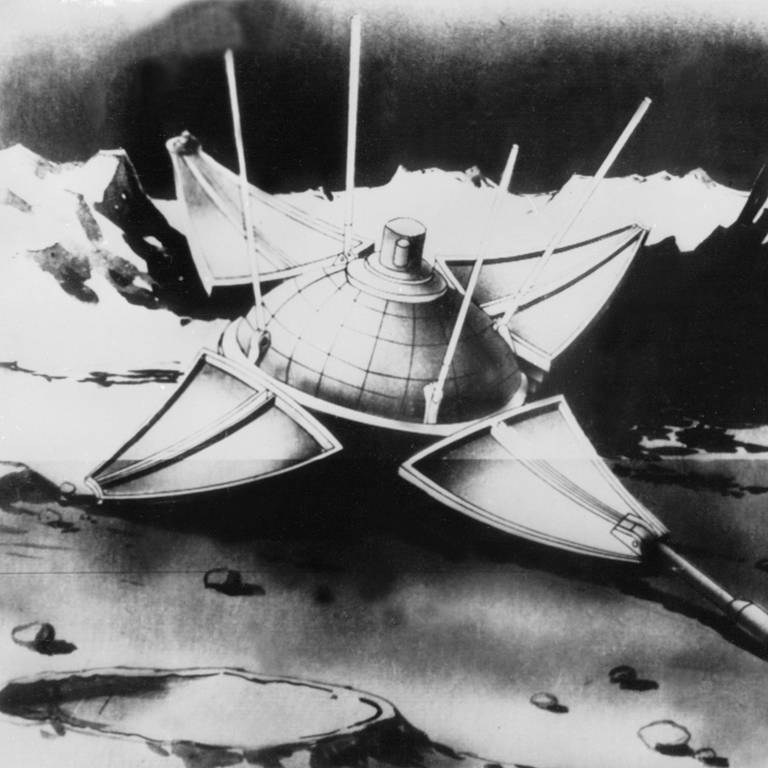 Die sowjetische Nachrichtenagentur Tass veröffentlichte am 5. Februar 1966 diese Zeichnung der zwei Tage zuvor weich auf dem Mond gelandeten Sonde Luna 9 (Foto: dpa Bildfunk, picture alliance / dpa | UPI Tass)