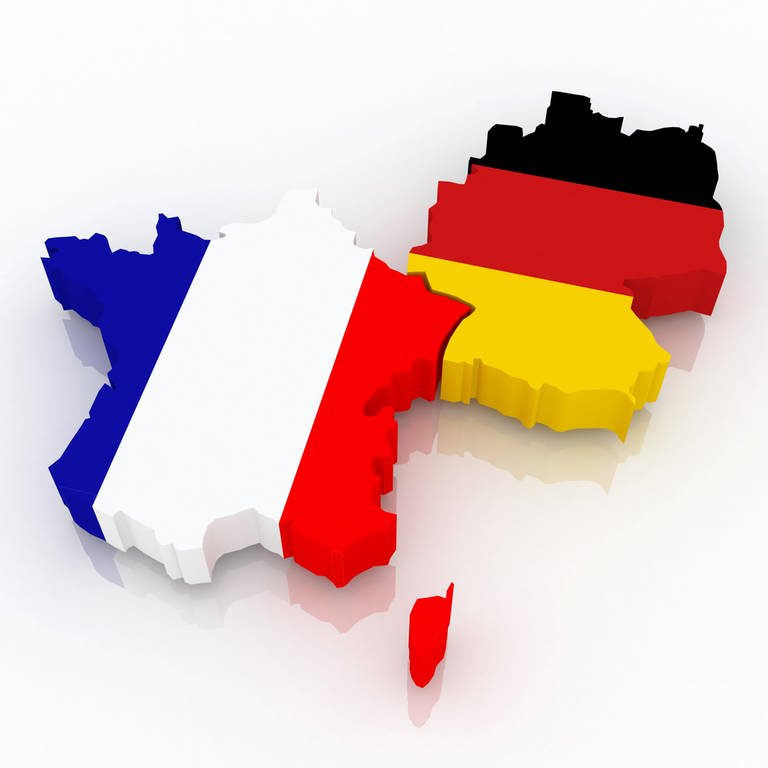 Grafik: Umrisse von Frankreich und Deutschland in den geweiligen Landesfarben - blau, weiß, rot bzw. schwarz, rot, gold (Foto: Colourbox)