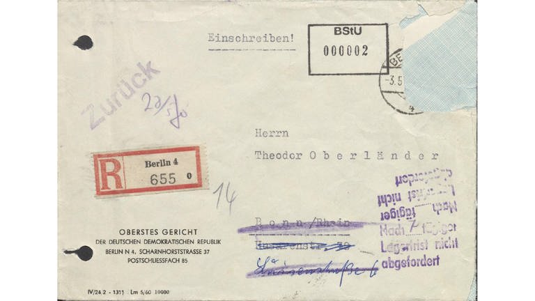 Theodor Oberländer holt das Schreiben des DDR-Gerichts nicht ab (Foto: Stasi-Unterlagen-Archiv / Maximilian Schönherr)