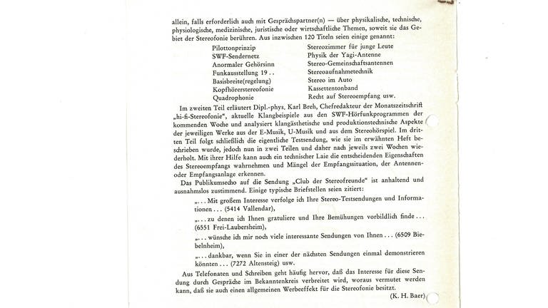 K. H. Baer: "Club der Stereofreunde" 100 mal im 2. Hörfunkprogramm. In: Technische Blätter, 11971, S. 3f. (Foto: SWR)