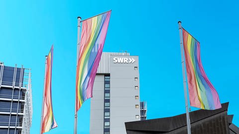 Das Bild zeigt Regenbogen-Flaggen vor dem SWR Funkhaus