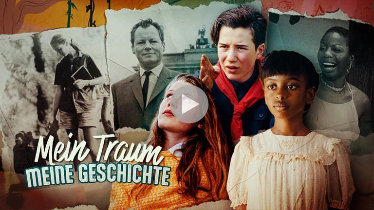 Keyvisual "Mein Traum, meine Geschichte" mit Jane Goodall, Willy Brandt und Nina Simone sowie drei Jugendlichen. (Foto: SWR, LOOKSfilm)