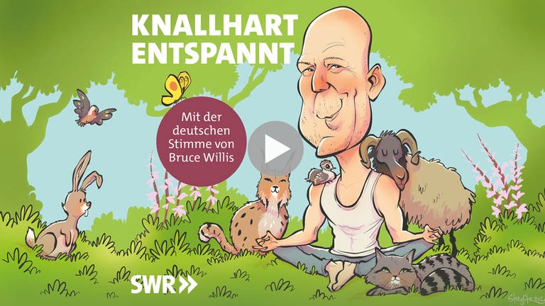 Das gezeichnete Cover des SWR Podcasts "Knallhart entspannt" zeigt den Schauspieler Bruce Willis in Yoga-Haltung in der Natur inmitten von Tieren.