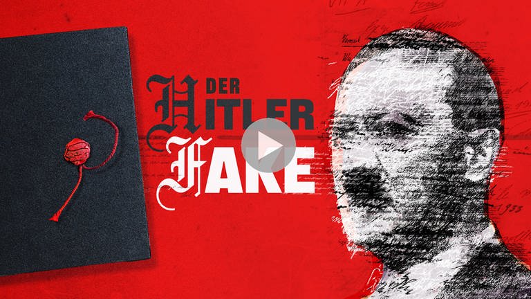 Links ist auf rotem Hintergrund ein blaues Tagebuch zu sehen, in der Mitte "Der Hitler Fake" und auf der rechten Seite das unscharfe Foto von Adolf Hitler.