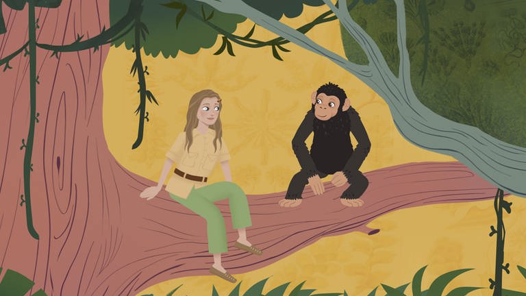 Szene aus der Animation zur Episode Jane Goodall. Jane Goodall sitzt zusammen mit einem Schimpansen auf einem Baum. Die beiden schauen sich freundlich an.