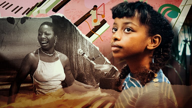 Collage aus einem Bild der historischen Person Nina Simone und ihrer Filmfigur.