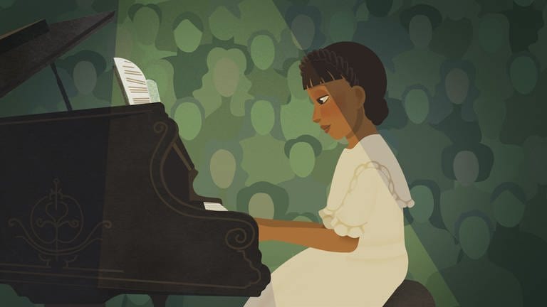 Ausschnitt aus der Animation: Nina Simone spielt am Klavier, im Hintergrund das Publikum. Nina Simone im Seitenprofil. (Foto: SWR, LOOKSfilm)