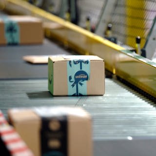 Pakete mit Amazon-Klebeband laufen über ein Transportband.  (Foto: SWR, Julian Gräfe)