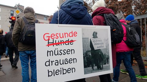 Eine Person trägt bei einer Demonstration ein Plakat auf dem Rücken mit Aufschrift "Hunde durchgestrichen, mit Gesunde ersetzt, müssen draußen bleiben" (Foto: SWR)