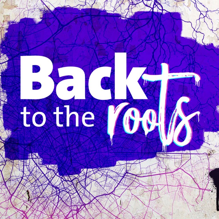 Das Keyvisual zum Format "Back to the Roots". Der Schriftzug auf einem violetfarbenen Untergrund, daneben eine gezeichnete männliche Silhouette. (Foto: SWR)